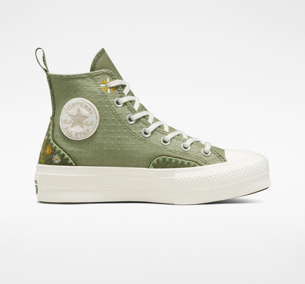 High Tops Tenis Converse Chuck Taylor All Star Lift Plataforma Autumn Embroidery Mujer Verde Verde Menta Colombia | CQMDU-0576