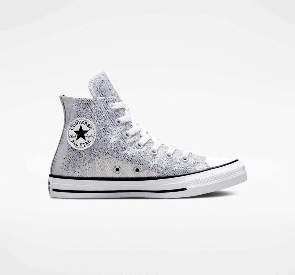 High Tops Tenis Converse Chuck Taylor All Star Glitter Big Kids Niña Plateadas Negras Colombia | DGVYC-7168