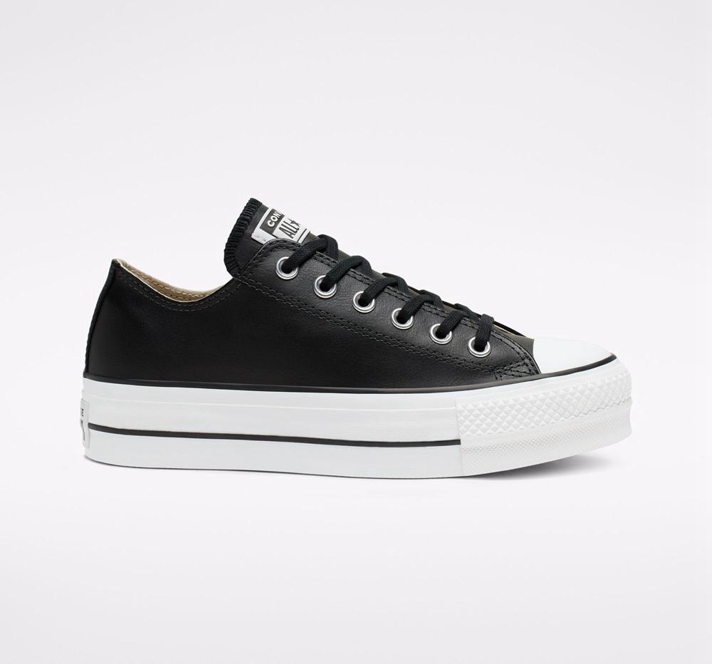 Zapatos Plataforma Tenis Converse Chuck Taylor All Star Lift Leather Low Top Mujer Negras Negras Blancas Colombia | OQYLF-4319