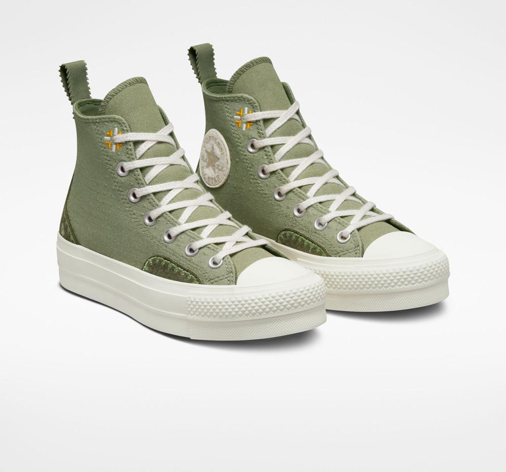 High Tops Tenis Converse Chuck Taylor All Star Lift Plataforma Autumn Embroidery Mujer Verde Verde Menta  Colombia |  CQMDU-0576