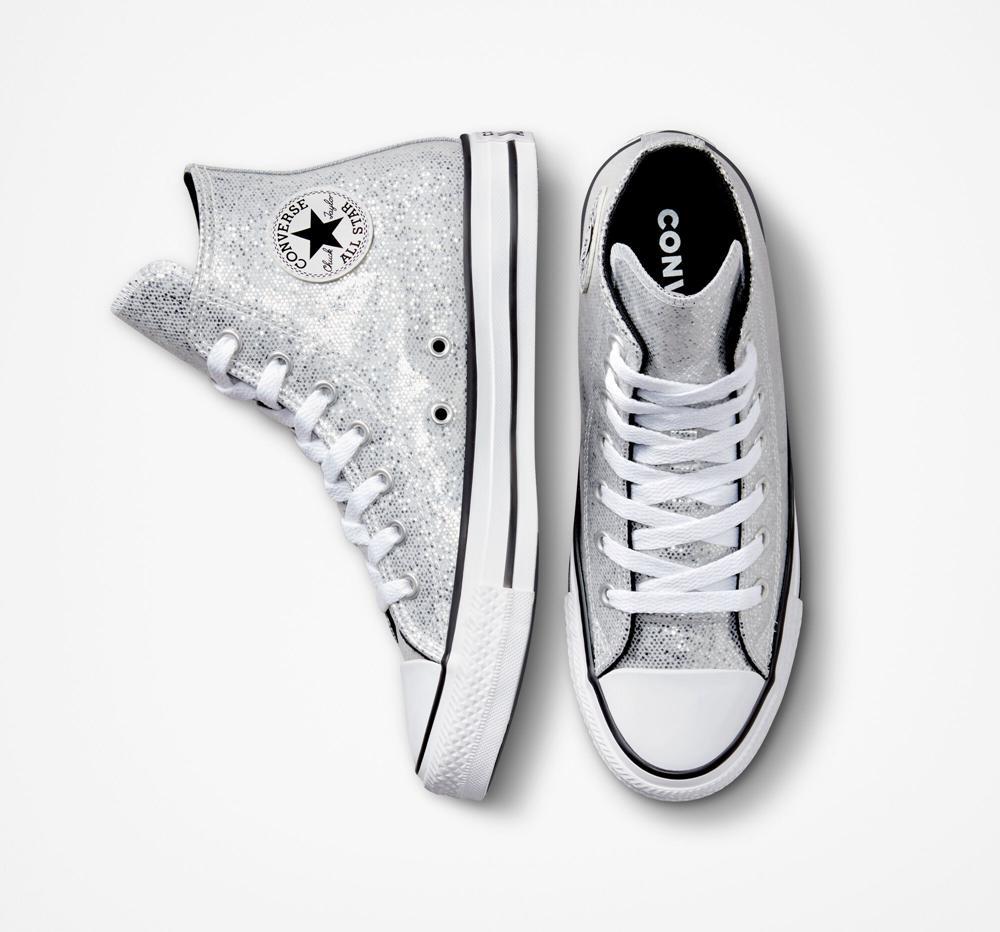 High Tops Tenis Converse Chuck Taylor All Star Glitter Big Kids Niña Plateadas Negras  Colombia |  DGVYC-7168