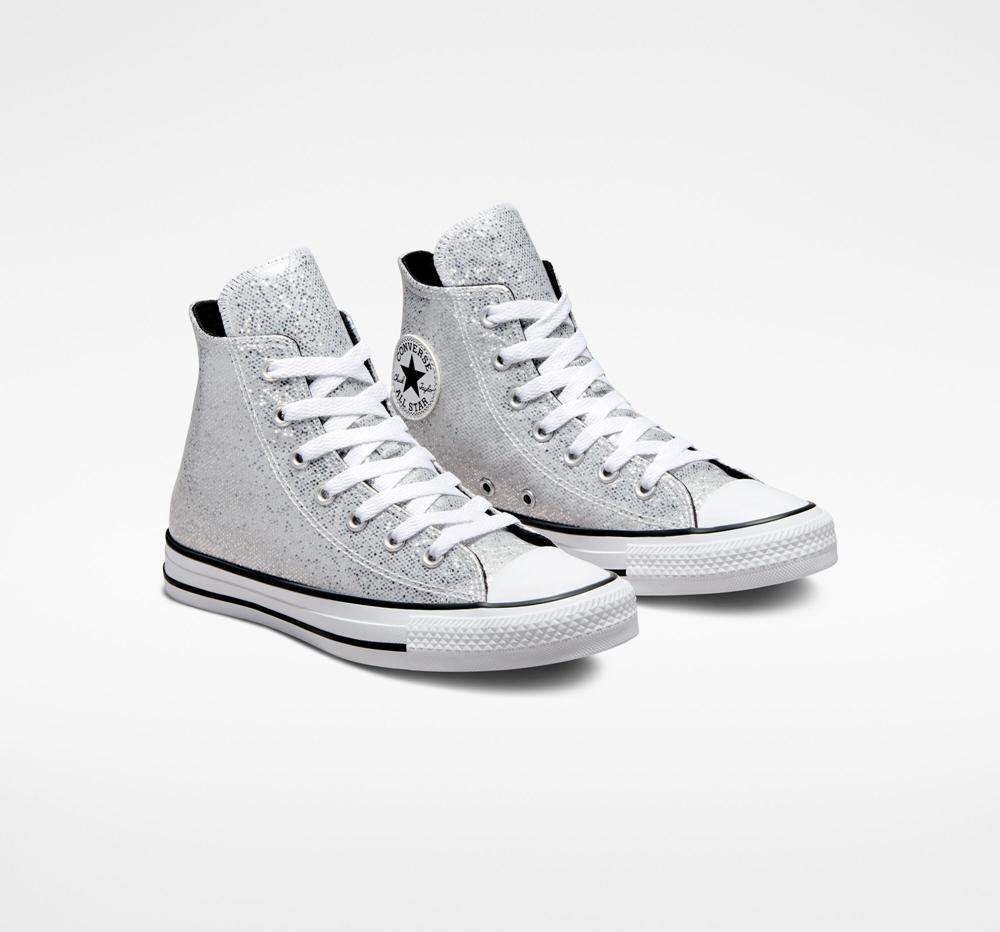 High Tops Tenis Converse Chuck Taylor All Star Glitter Big Kids Niña Plateadas Negras  Colombia |  DGVYC-7168