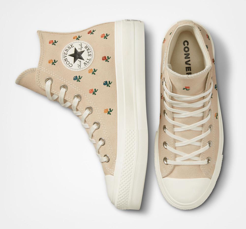 High Tops Tenis Converse Chuck Taylor All Star Lift Plataforma Embroidered Roses Mujer Beige  Colombia |  EMTBQ-8716