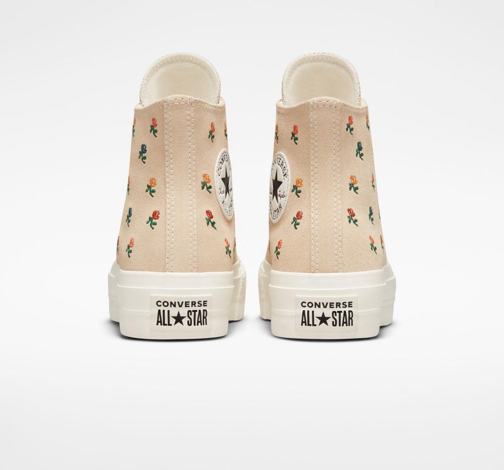 High Tops Tenis Converse Chuck Taylor All Star Lift Plataforma Embroidered Roses Mujer Beige  Colombia |  EMTBQ-8716