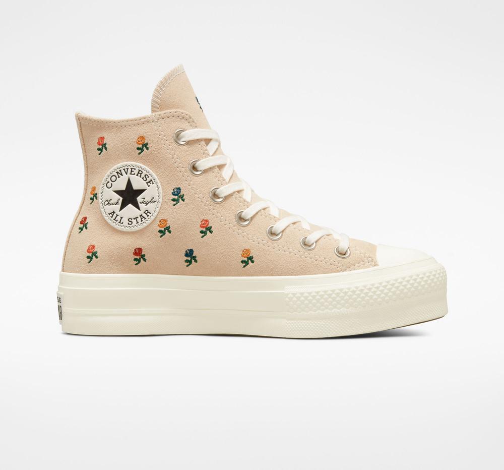 High Tops Tenis Converse Chuck Taylor All Star Lift Plataforma Embroidered Roses Mujer Beige  Colombia |  EMTBQ-8716