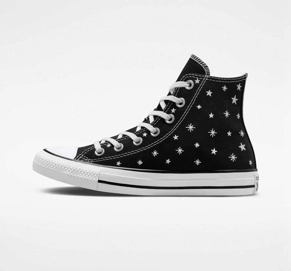 High Tops Tenis Converse Chuck Taylor All Star Embroidered Stars Mujer Negras Blancas  Colombia |  JAWQR-4621