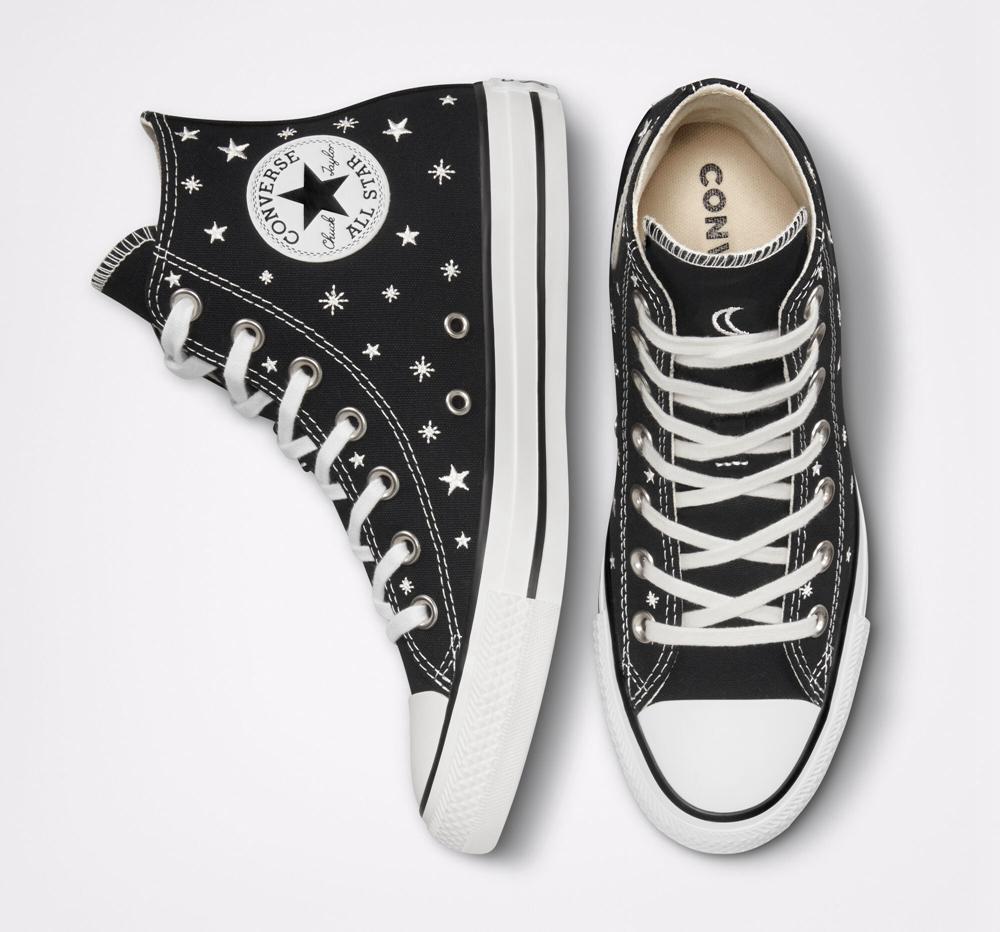 High Tops Tenis Converse Chuck Taylor All Star Embroidered Stars Mujer Negras Blancas  Colombia |  JAWQR-4621