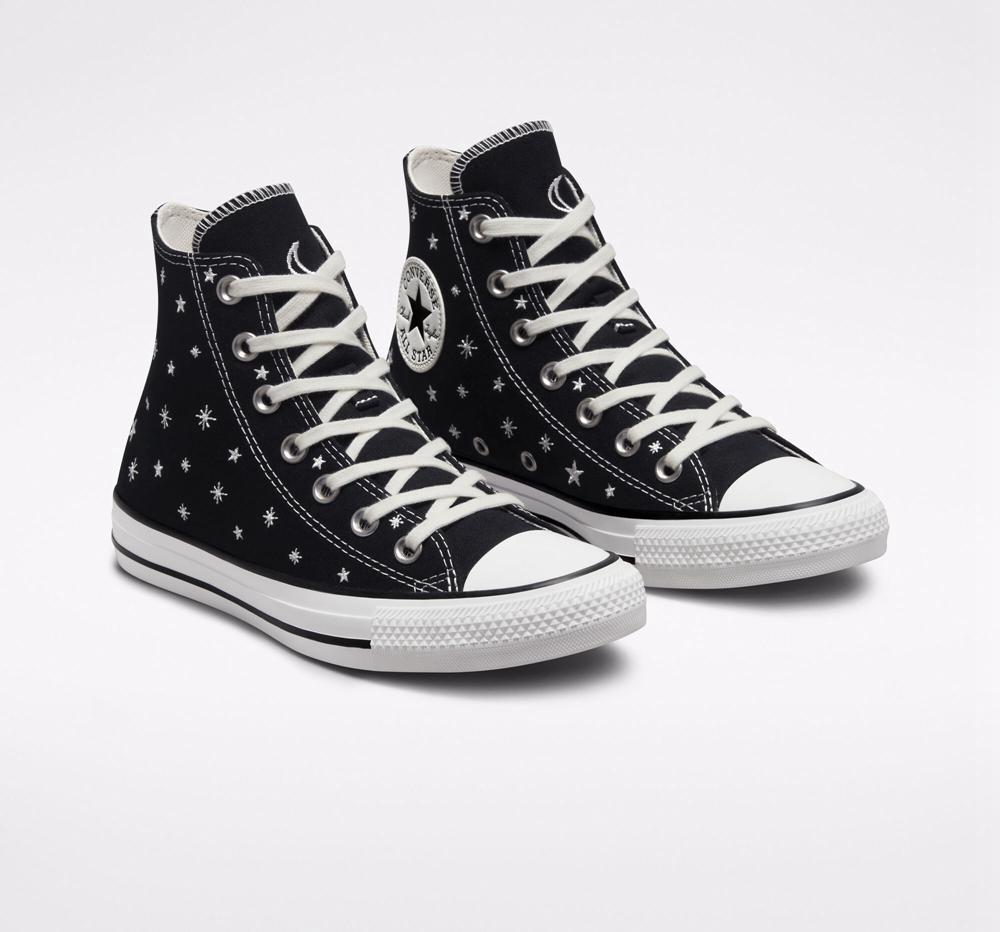 High Tops Tenis Converse Chuck Taylor All Star Embroidered Stars Mujer Negras Blancas  Colombia |  JAWQR-4621