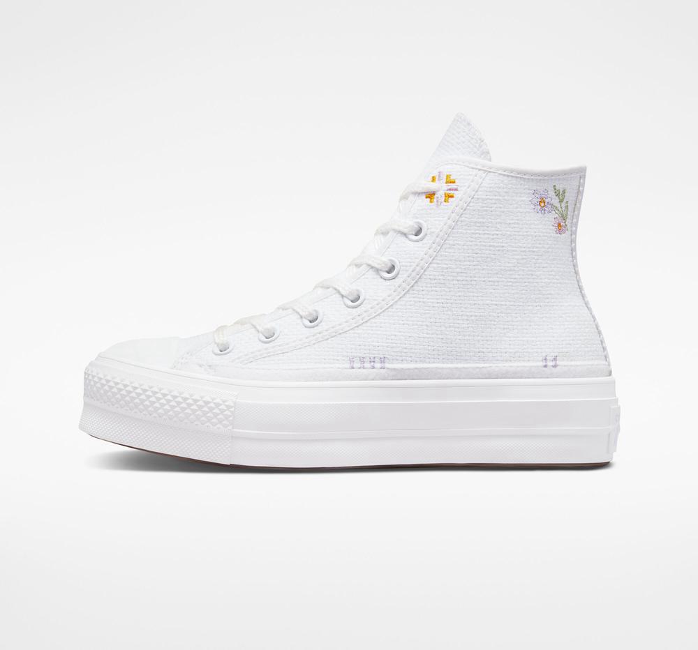 High Tops Tenis Converse Chuck Taylor All Star Lift Plataforma Autumn Embroidery Mujer Blancas  Colombia |  JWCAK-7190
