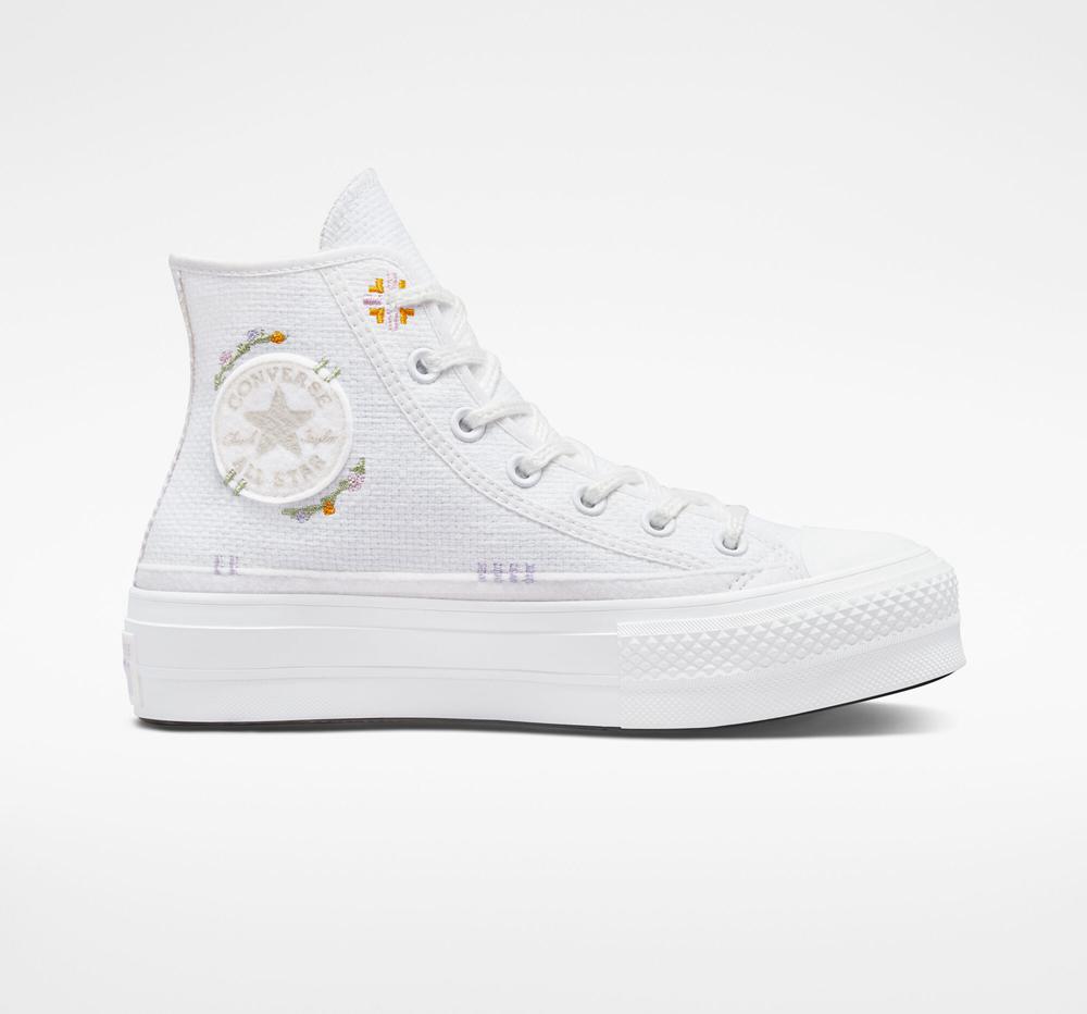 High Tops Tenis Converse Chuck Taylor All Star Lift Plataforma Autumn Embroidery Mujer Blancas  Colombia |  JWCAK-7190