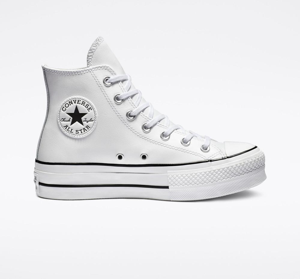 High Tops Tenis Converse Chuck Taylor All Star Lift Plataforma Leather Mujer Blancas Negras Blancas  Colombia |  KABVG-2983
