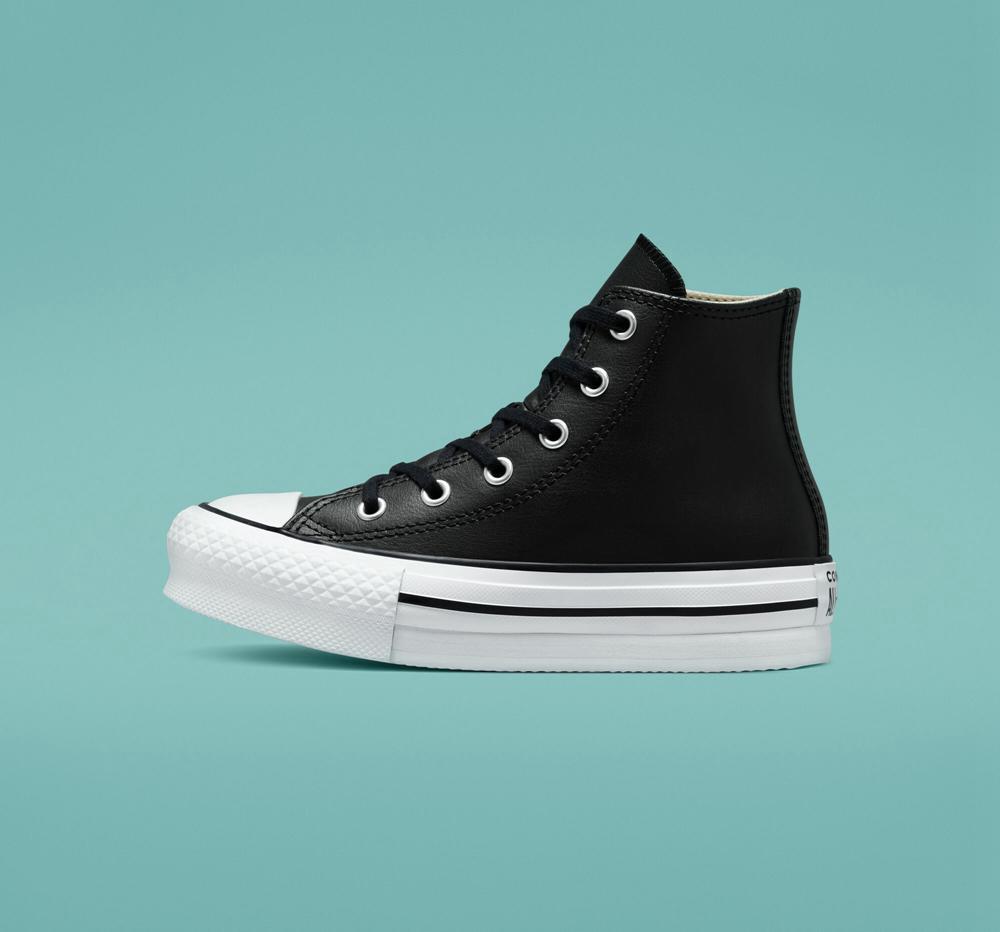 High Tops Tenis Converse Chuck Taylor All Star Lift Plataforma Leather Little Kids Niña Negras Blancas  Colombia |  KHOZR-0192