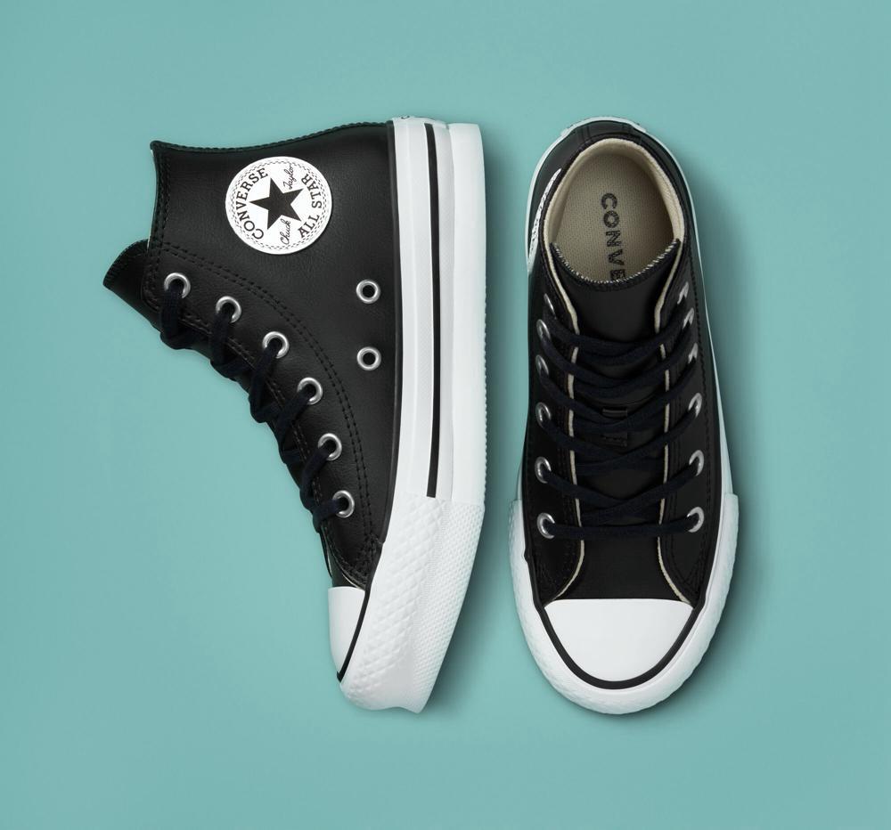 High Tops Tenis Converse Chuck Taylor All Star Lift Plataforma Leather Little Kids Niña Negras Blancas  Colombia |  KHOZR-0192