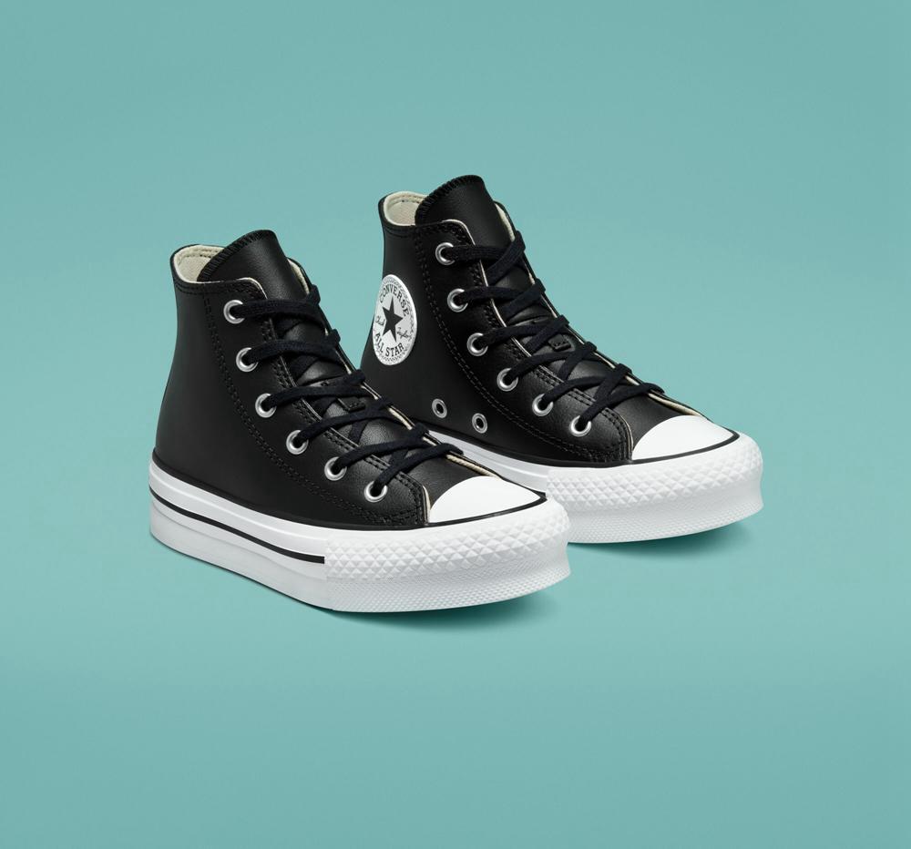 High Tops Tenis Converse Chuck Taylor All Star Lift Plataforma Leather Little Kids Niña Negras Blancas  Colombia |  KHOZR-0192