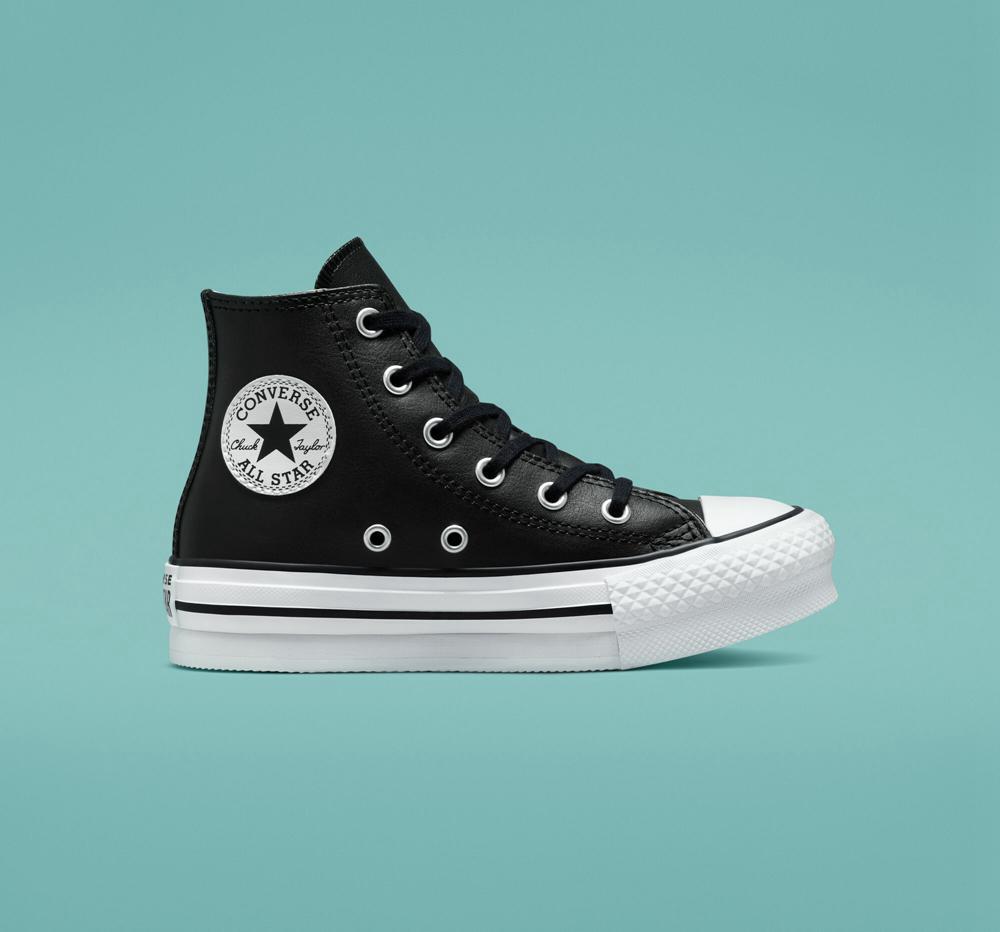 High Tops Tenis Converse Chuck Taylor All Star Lift Plataforma Leather Little Kids Niña Negras Blancas  Colombia |  KHOZR-0192