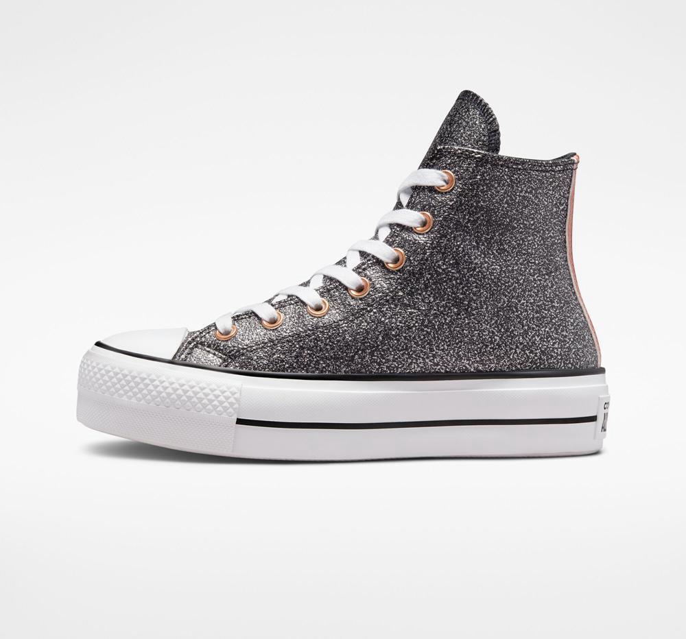 High Tops Tenis Converse Chuck Taylor All Star Lift Plataforma Metallic Glitter Mujer Negras Cobra Blancas  Colombia |  LFXAE-5074