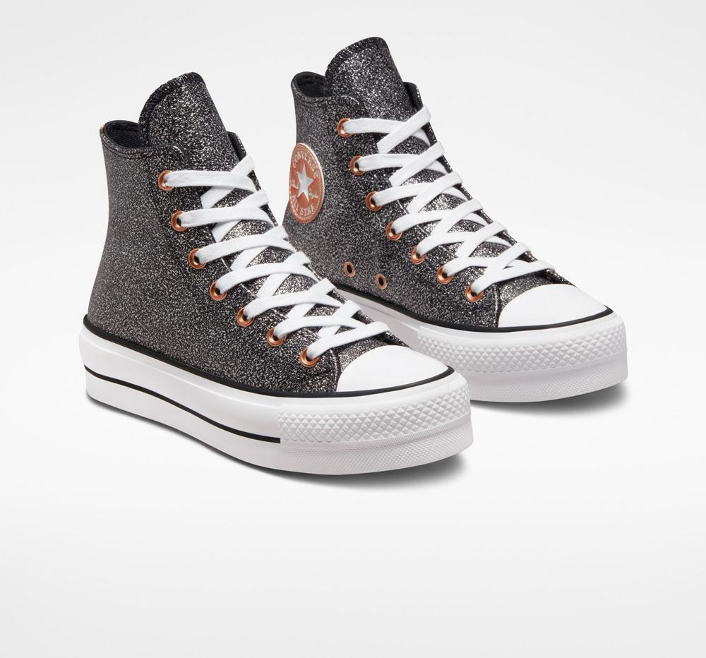High Tops Tenis Converse Chuck Taylor All Star Lift Plataforma Metallic Glitter Mujer Negras Cobra Blancas  Colombia |  LFXAE-5074