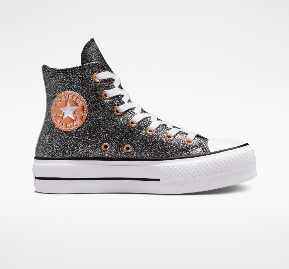 High Tops Tenis Converse Chuck Taylor All Star Lift Plataforma Metallic Glitter Mujer Negras Cobra Blancas  Colombia |  LFXAE-5074