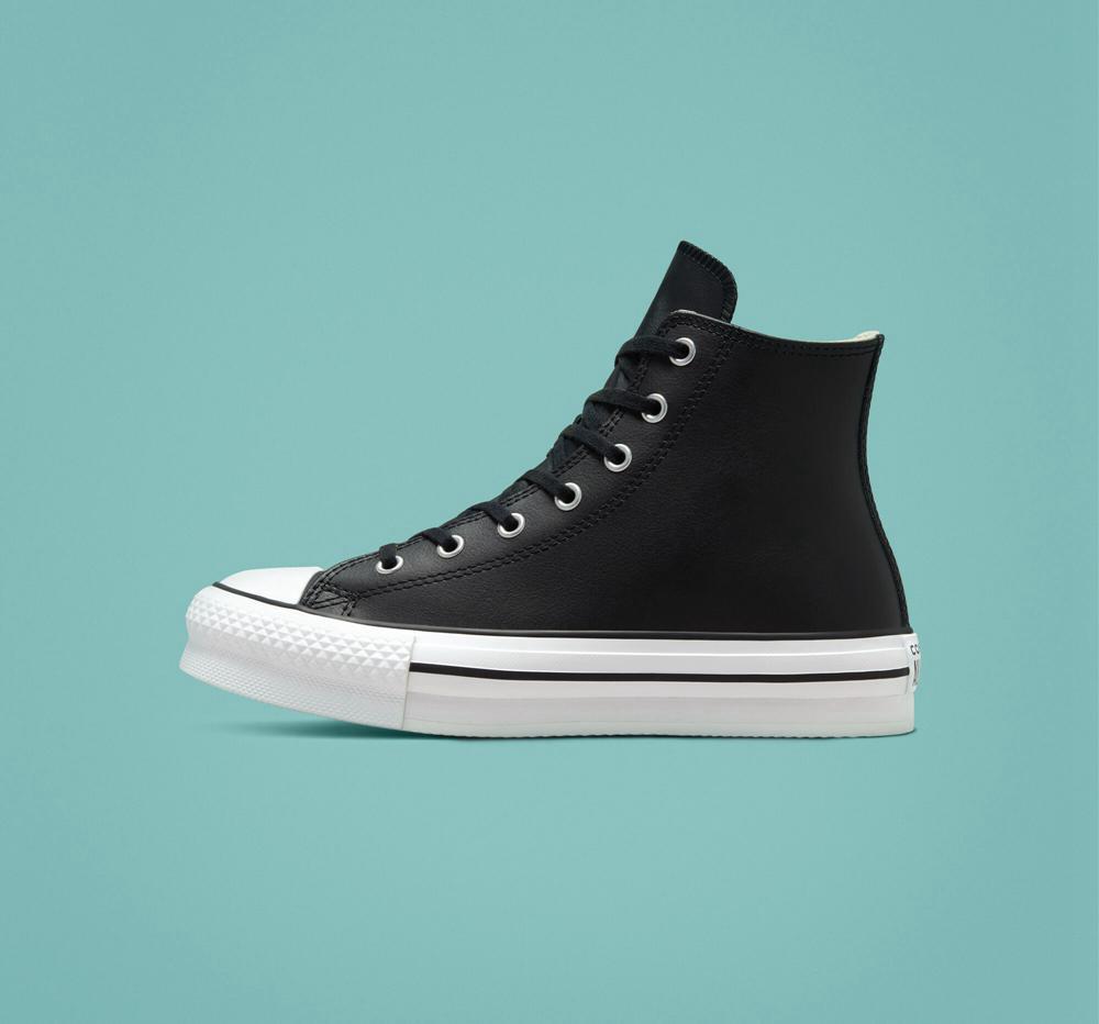 High Tops Tenis Converse Chuck Taylor All Star Lift Plataforma Leather Big Kids Niño Negras Blancas  Colombia |  PDXJL-0694