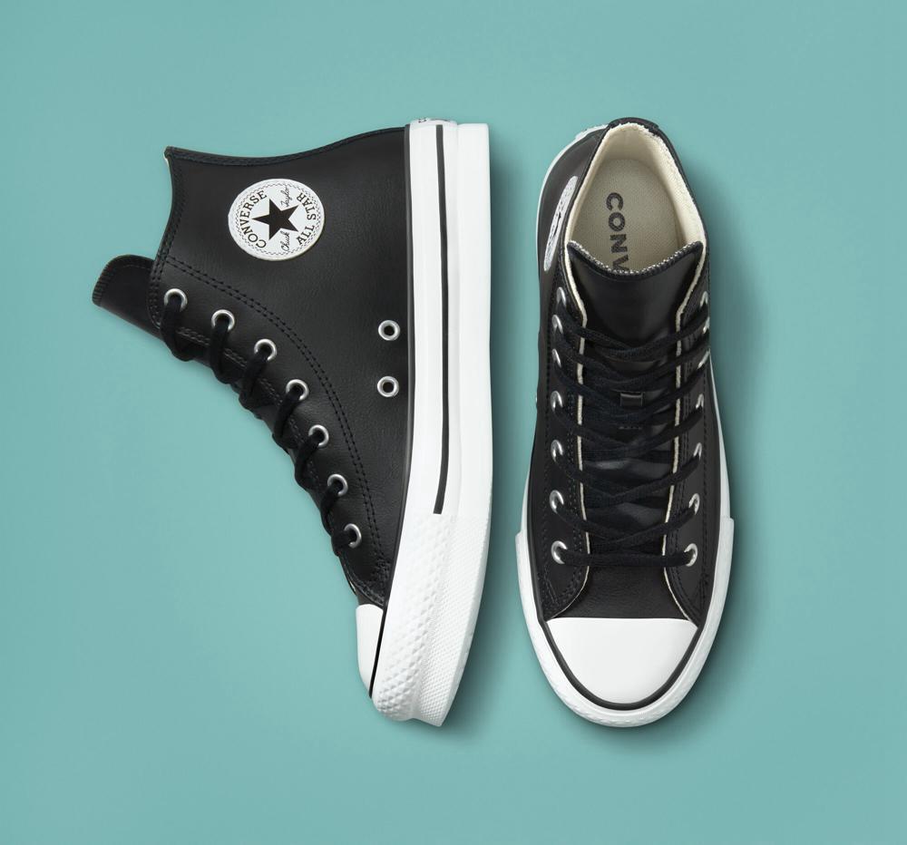 High Tops Tenis Converse Chuck Taylor All Star Lift Plataforma Leather Big Kids Niño Negras Blancas  Colombia |  PDXJL-0694
