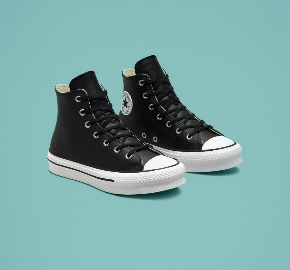 High Tops Tenis Converse Chuck Taylor All Star Lift Plataforma Leather Big Kids Niño Negras Blancas  Colombia |  PDXJL-0694