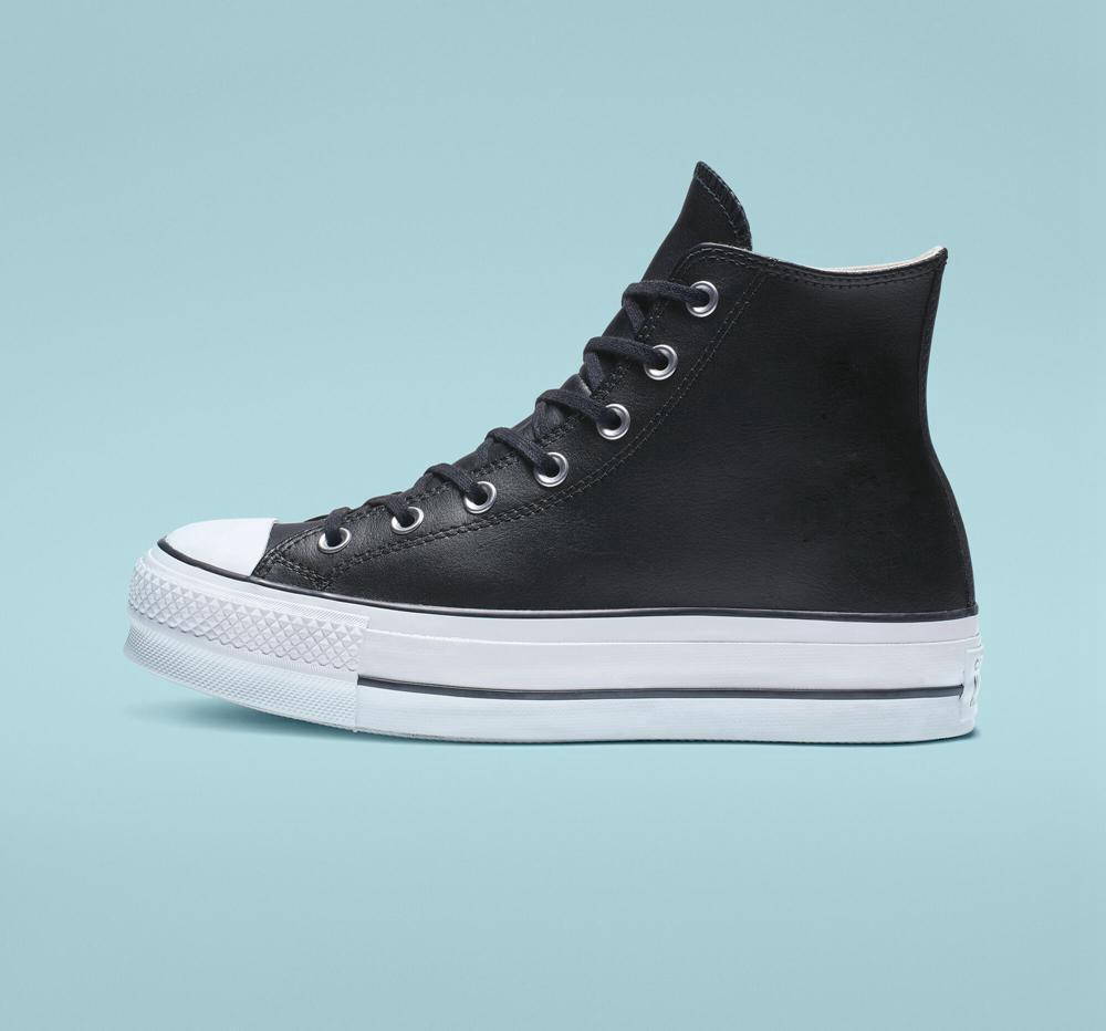 High Tops Tenis Converse Chuck Taylor All Star Lift Plataforma Leather Mujer Negras Negras Blancas  Colombia |  RHFJD-7268