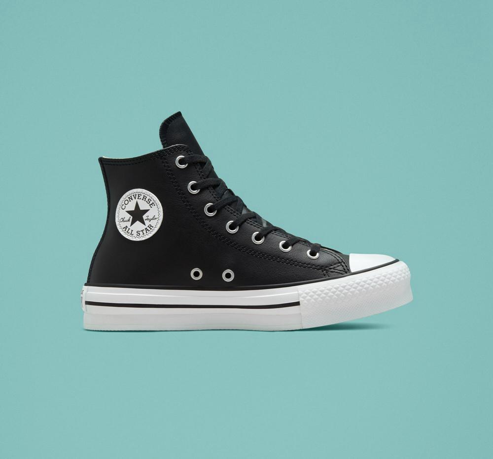 High Tops Tenis Converse Chuck Taylor All Star Lift Plataforma Leather Big Kids Niña Negras Blancas  Colombia |  RVOZX-1523
