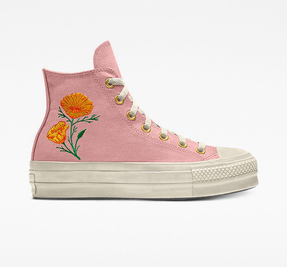 High Tops Tenis Converse Custom Chuck Taylor All Star Lift Plataforma Embroidery By You Unisex Mujer Rosas  Colombia |  CSLFI-0841