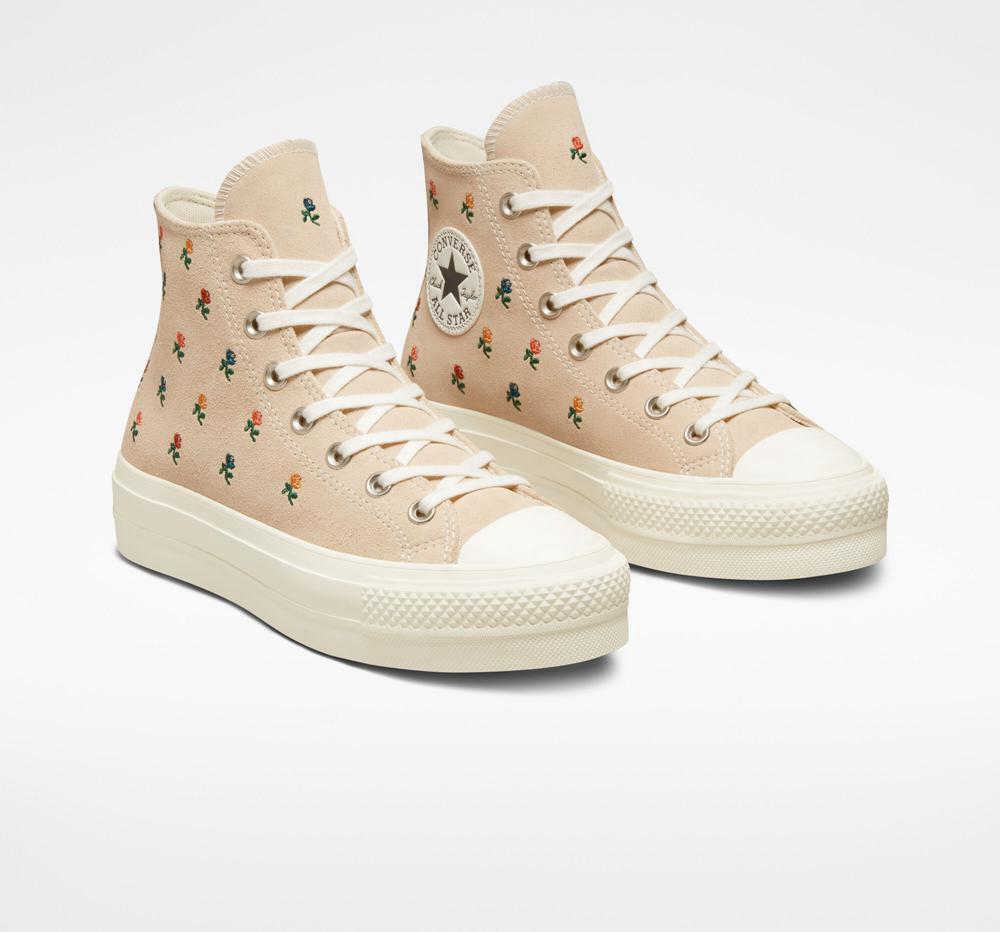 Zapatos Plataforma Tenis Converse Chuck Taylor All Star Lift Embroidered Roses High Top Mujer Beige  Colombia |  IMNFS-9807