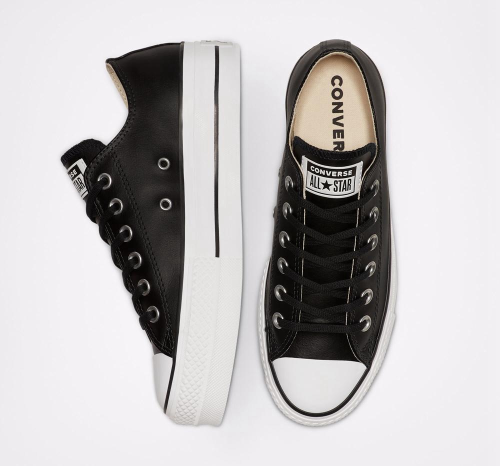 Zapatos Plataforma Tenis Converse Chuck Taylor All Star Lift Leather Low Top Mujer Negras Negras Blancas  Colombia |  OQYLF-4319