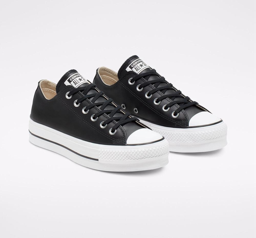 Zapatos Plataforma Tenis Converse Chuck Taylor All Star Lift Leather Low Top Mujer Negras Negras Blancas  Colombia |  OQYLF-4319