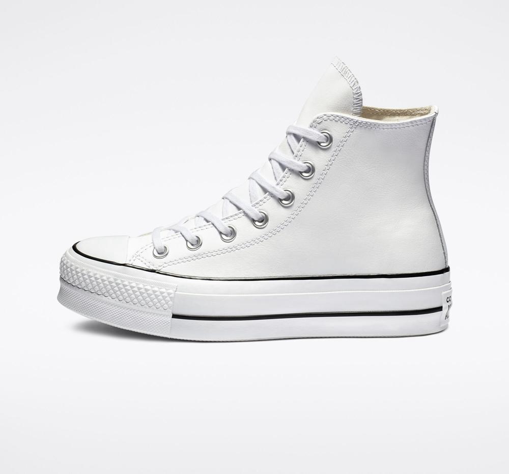 Zapatos Plataforma Tenis Converse Chuck Taylor All Star Lift Leather High Top Mujer Blancas Negras Blancas  Colombia |  QMAEX-0186