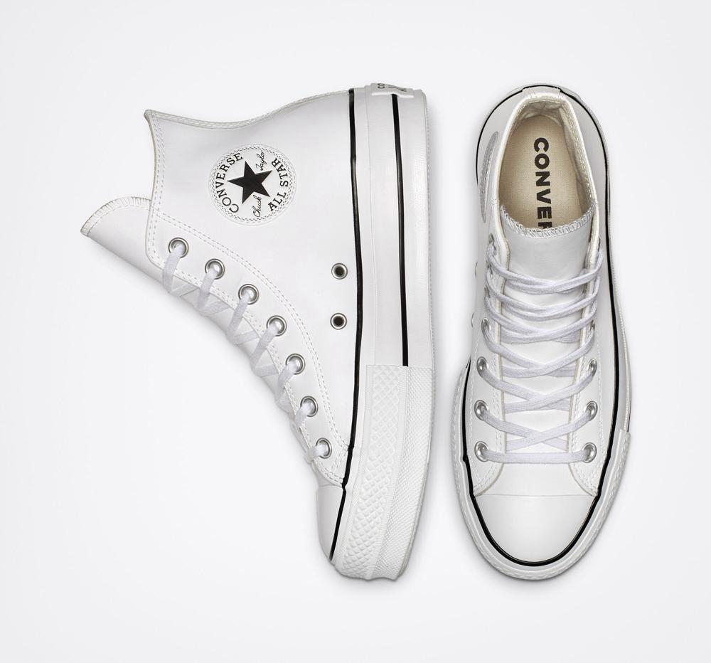 Zapatos Plataforma Tenis Converse Chuck Taylor All Star Lift Leather High Top Mujer Blancas Negras Blancas  Colombia |  QMAEX-0186