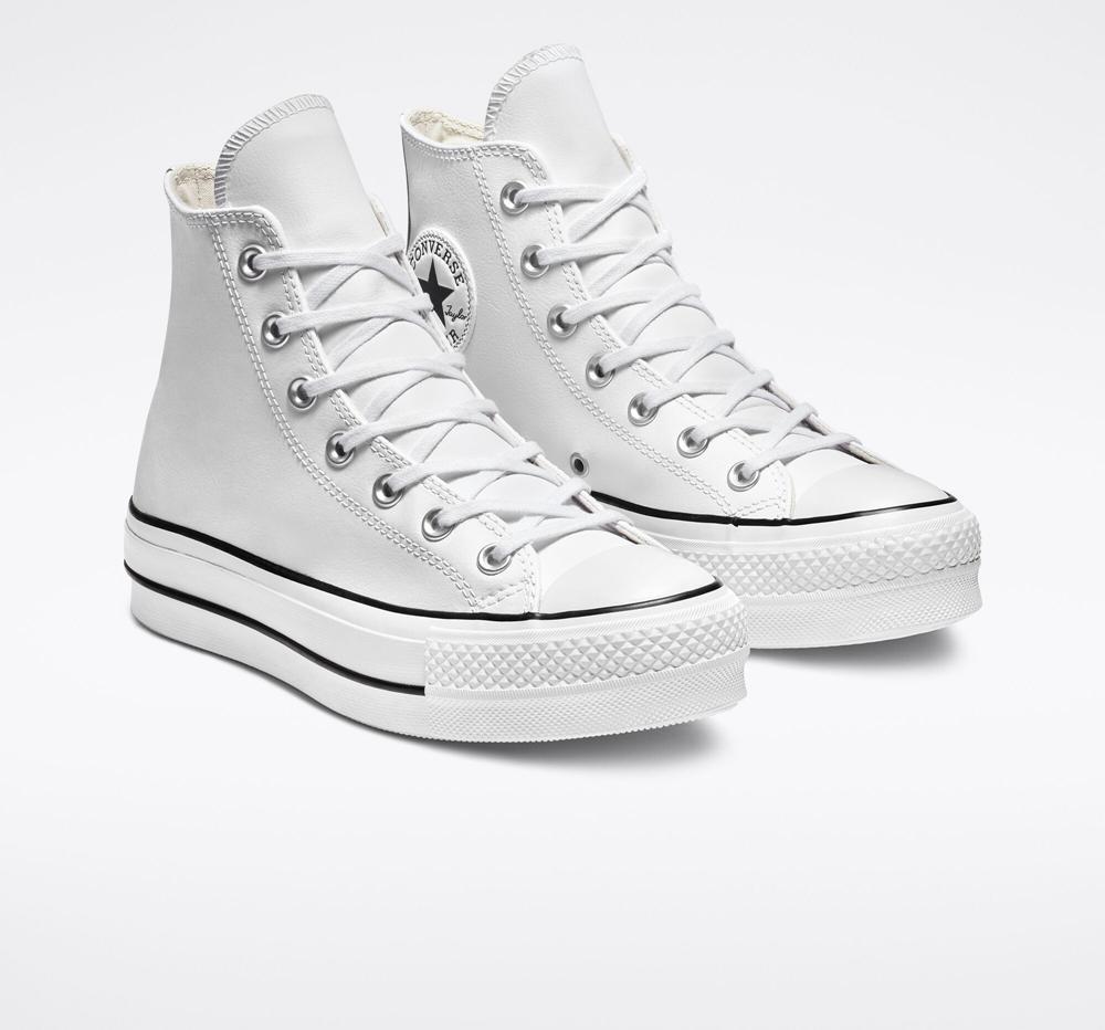 Zapatos Plataforma Tenis Converse Chuck Taylor All Star Lift Leather High Top Mujer Blancas Negras Blancas  Colombia |  QMAEX-0186