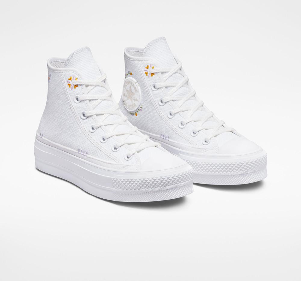 Zapatos Plataforma Tenis Converse Chuck Taylor All Star Lift Autumn Embroidery High Top Mujer Blancas  Colombia |  XICTV-0864