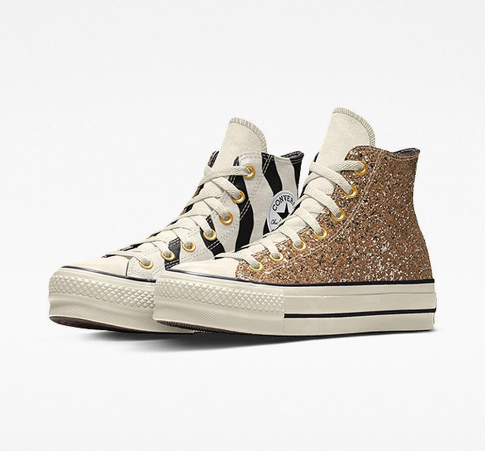 Zapatos Plataforma Tenis Converse Custom Chuck Taylor All Star Lift Glitter By You High Top Mujer Doradas  Colombia |  NIBTA-2038